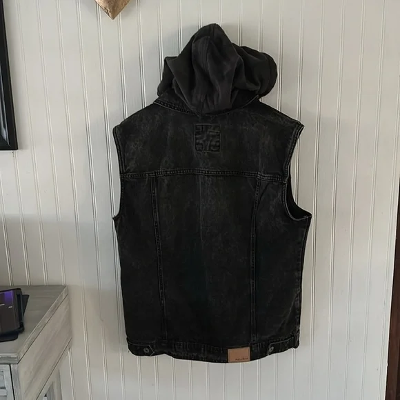 Pull & Bear Charcoal Gray Denim Hooded Vest Jacket XL - Picture 7 of 11